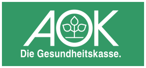 AOK-Logo: Weißer Text auf grünem Hintergrund, mit stilisiertem Pflanzen-Symbol.