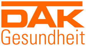 DAK Gesundheit Logo in orange, dargestellt in klaren Buchstaben auf transparentem Hintergrund.