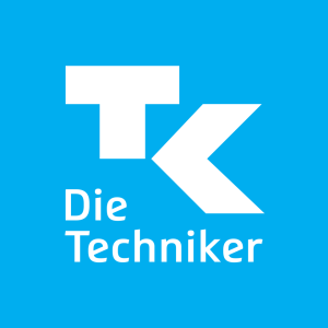 Logo von Die Techniker auf blauem Hintergrund, weiße Buchstaben TK und Text 'Die Techniker' darunter.